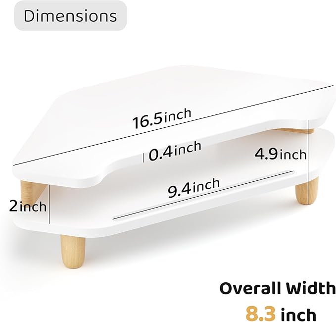 AFOOYO Monitor Stand Riser,2 Tier Corner Wood Sturdy 16.5In Computer Stand, Multi-Purpose Desktop Storage Stand for Laptop,PC,iMac,Printer,Computer,White - Image 7
