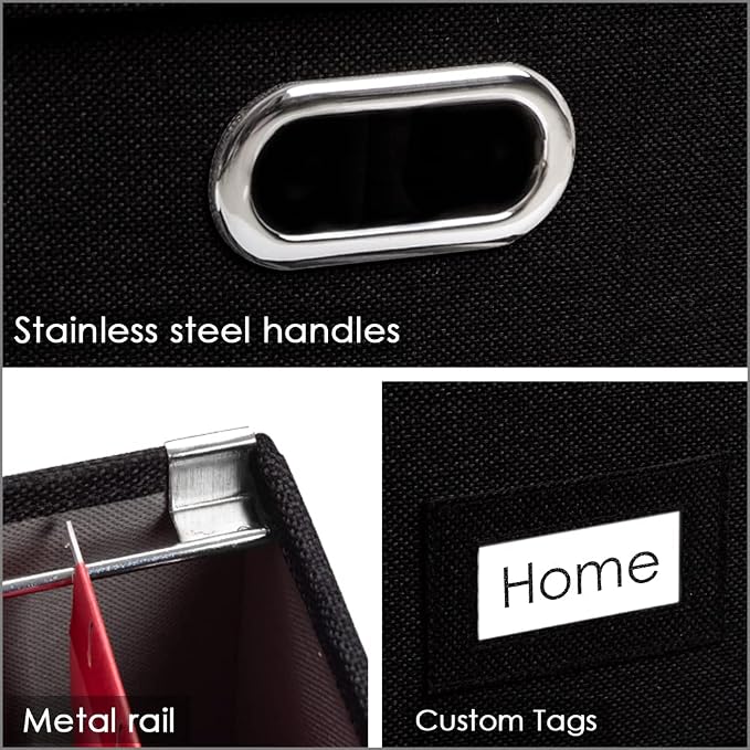 File Organizer Box - Set of 2 Collapsible Decorative Linen Filing Storage Hanging File Folders with Lids Office Cabinet Letter/Legal Size Black (17x14x11.2 inch) - Image 6