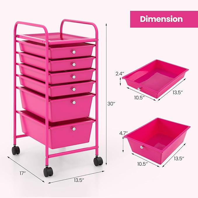 COSTWAY 6-Drawer Rolling Storage Cart, Art Craft Tools Organizer on Wheels | Multifunctional Heavy Duty Utility Mobile Storage Trolley w/ 2 Lockable Wheels for Home Office School (Hot Pink) - Image 3