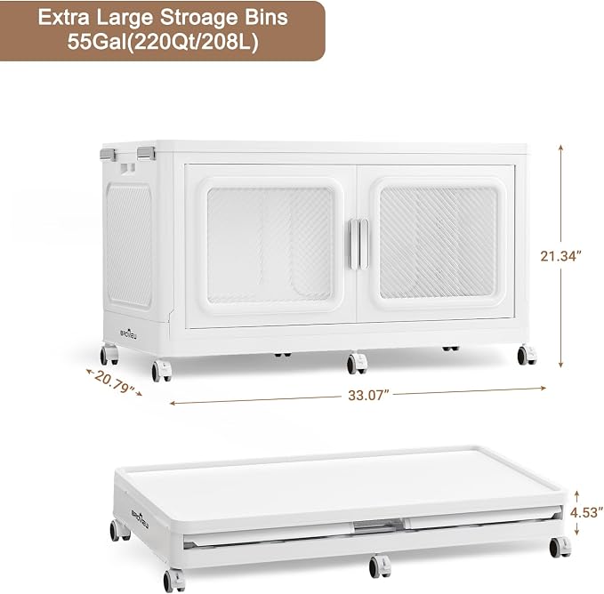 BROVIEW 220 Qt/55 Gal Stackable Storage Bins with Lids, 1 Pack, White | Large Stackable Storage Boxes w/ 1 Lid Folding Plastic Cart Organizer for Home Kitchen, Open Front Clear Door with Wheels - Image 2
