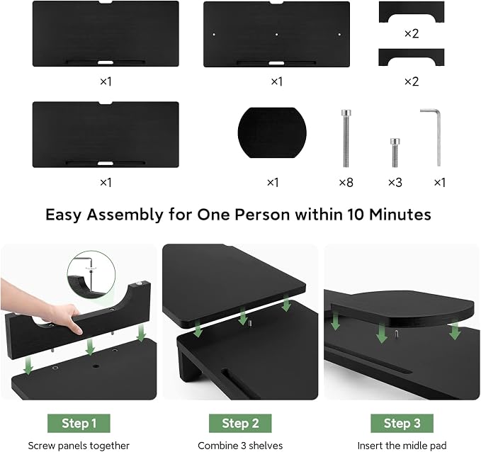 Nnewvante Monitor Stand Riser, 60 inch Bamboo Triple Monitor Stand for Desk | Black, Adjustable Length Angle, 3 Shelves Desktop Screen Riser, For Computer Laptop PC - Image 7