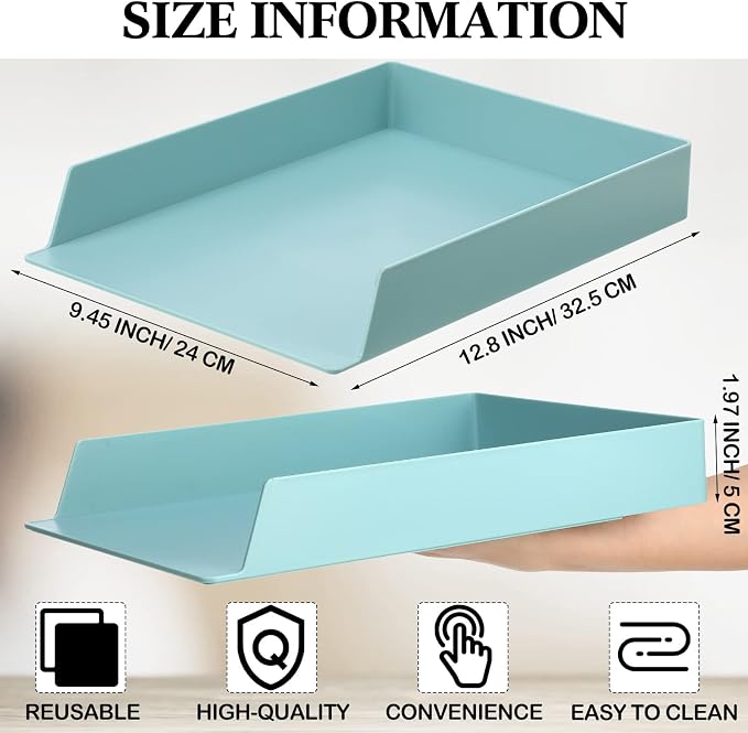 Tatuo 4 Pack Stackable Paper Trays Plastic Letter Tray Desk Organizer Paper Holder Organizer Storage Office Desk Accessories for Classroom Magazine File Documents 12.8 x 9.45 x 1.97, Blue Green - Image 4