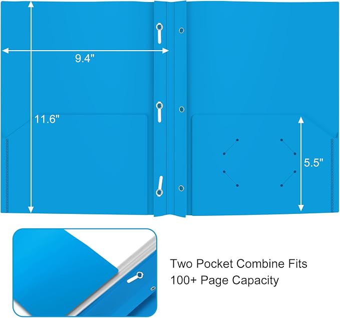Heavy Duty Plastic Folder, 60 Pack, Pocket Folder with brads, Letter Size Poly File, Plastic Folders with 3 Prongs Fasteners - Sky Blue - Image 3