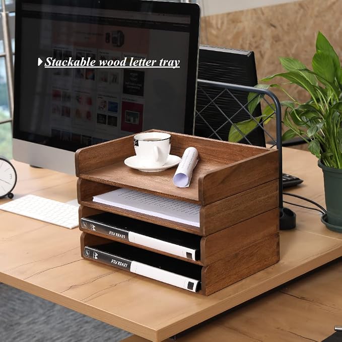 DDYURI Desktop File Trays Stackable Paper Tray for Letter/A4 Size Magazine - Wood Office Document Organizer Shelf - Wooden Folder Organization Rack Desk Tray Pack of 2 Dark(2CTP-DK) - Image 6