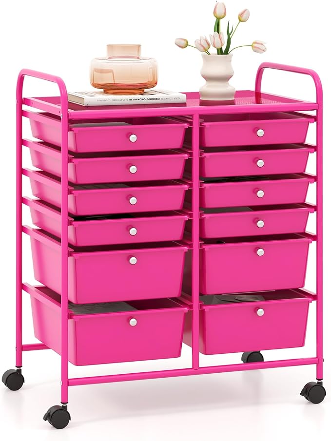 GOFLAME 12-Drawer Rolling Storage Cart, Multipurpose Organizer Cart with 2 Sizes Plastic Drawers, Mobile Utility Cart with Lockable Casters for School, Home Office, Beauty Salon, Hot Pink by GOFLAME