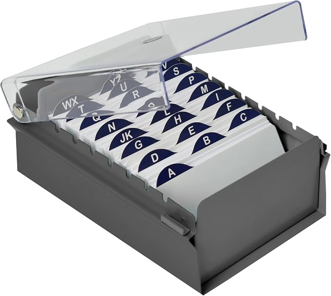 Acrimet 3 x 5 Card File Holder Organizer Box Metal Base Heavy Duty (AZ Index Cards and Divider Included) (Gray Color with Clear Crystal Plastic Lid Cover) | With A-Z Index & Non-Slip by Organizingyourlife