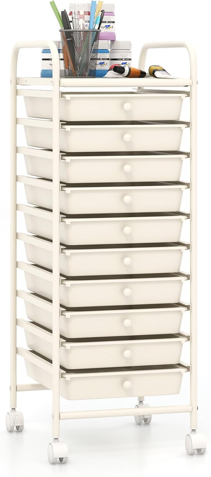 Giantex 10-Drawer Storage Cart w/Universal Wheel, Rolling Cart w/Handle, Home Organizer Storage Unit w/Removable Drawers, Trolley Utility Cart for Kitchen Makeup Living Room Office Play Room, Ivory by Giantex