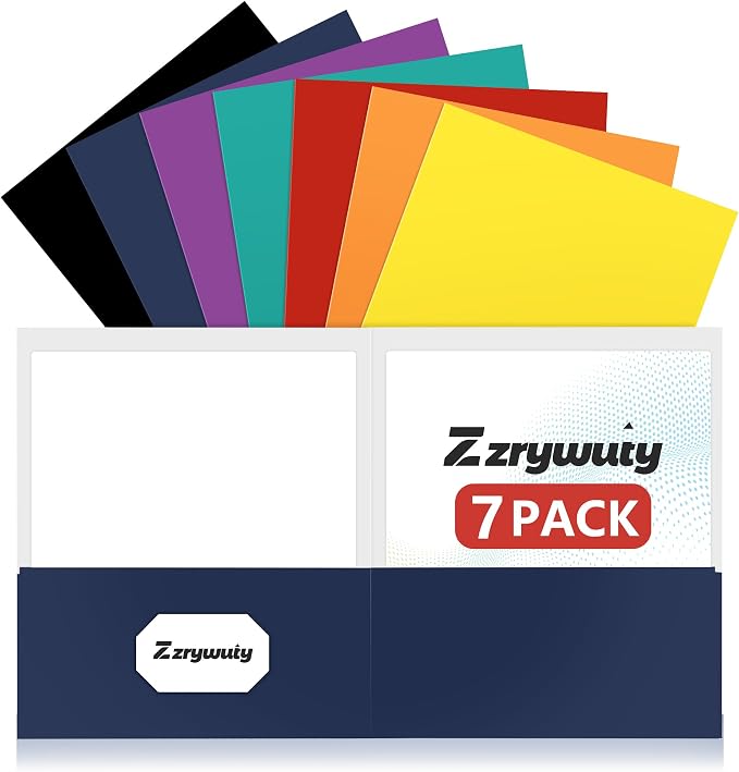 Zzrywuty 7 Packs Two Pocket Folders,Assorted Colors Two Pocket File Folders with Business Card Slot,Letter Size,Holds 100 Plus Sheets for School,Office,Business by Zzrywuty