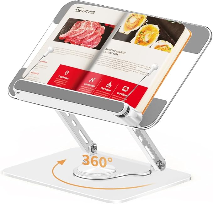 Adjustable Acrylic Book Stand for Reading in Bed, Book Holder Stand for Reading Hands Free, Cookbook Stand for Kitchen Counter, Reading Stand Book Holder for Couch, 360° Rotating & Page Clips by Unknown