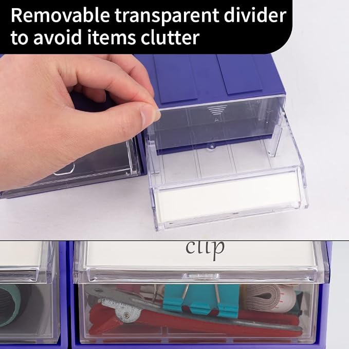 12 Pcs Drawer Stacking Storage Cabinet, Blue Plastic Drawers Storage Closet & 36 Pcs Clear Dividers Organizer Rack & 48 Pcs Tag Card & 24 Pcs Non-slip Stickers for Home Office School - Image 6