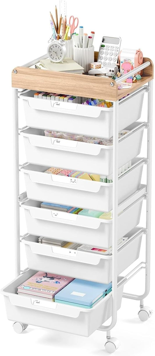 Rolling Craft Storage Cart with 6 Drawers, Art Cart,White | Utility Cart with Wooden Top, for Craft Room, Kids Art Station, Sewing Storage, Space-Saving for Home Office & Bedroom by APEXCHASER