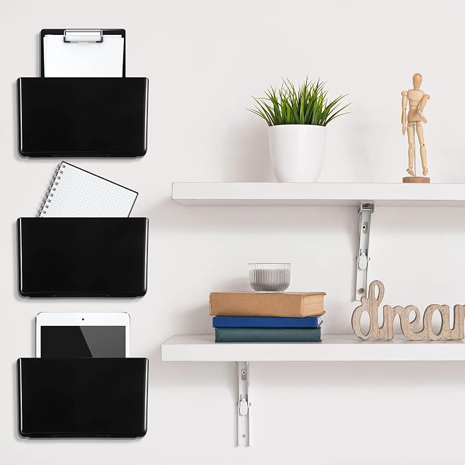 Colarr 8 Pcs Wall File Holder Organizer Plastic Wall Mount Mail Organizer with Screws Single Pocket Hanging Folder Paper Magazine Holder for Walls Office Home Classroom(Black) - Image 4
