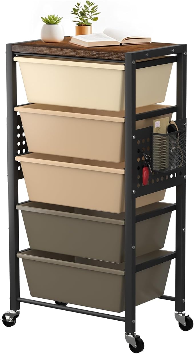 Rolling Cart with 5 Drawers, Plastic Drawer Storage Carts with Wheels & Wooden Tabletop, Metal Utility Cart with Pegboards, Office Living Room Classroom Craft Organization and Storage, Dark Brown by TimeForest