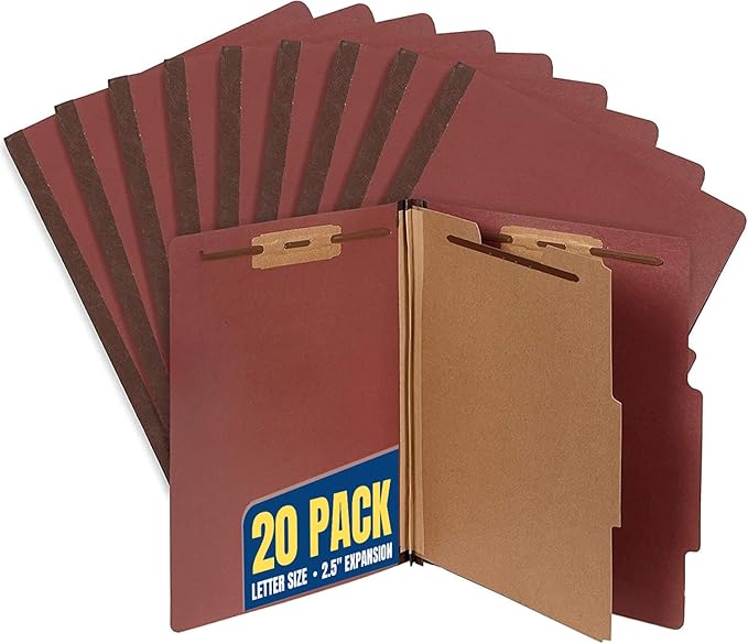 1InTheOffice Classification Folders 2 Dividers Letter Size, Brick Red Pressboard Classification Folders, Letter Size, 2.5 Extension, 20 Pack by 1InTheOffice
