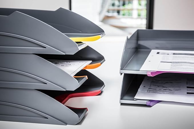 Durable VARICOLOR Gray Letter Tray - Set of 5 Stackable Color Coded Letter Trays - Letter Size Files - Perfect for Storing Documents and Paper Work - Image 2