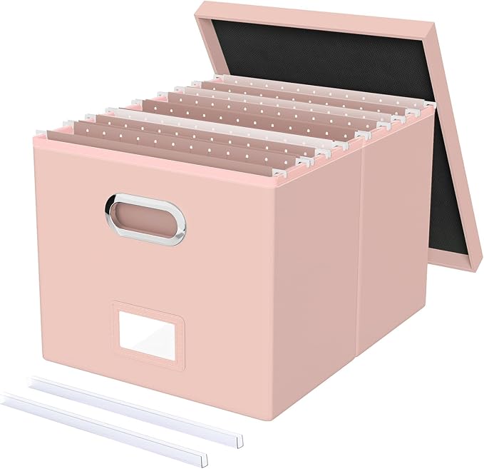 File Organizer Box with Lid, Portable Hanging File Box for Letter/Legal Files, Office/Decor/Home, Cream-pink (Leather), 1 Pack by Oterri