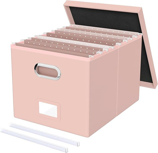 File Organizer Box with Lid, Portable Hanging File Box for Letter/Legal Files, Office/Decor/Home, Cream-pink (Leather), 1 Pack by Oterri