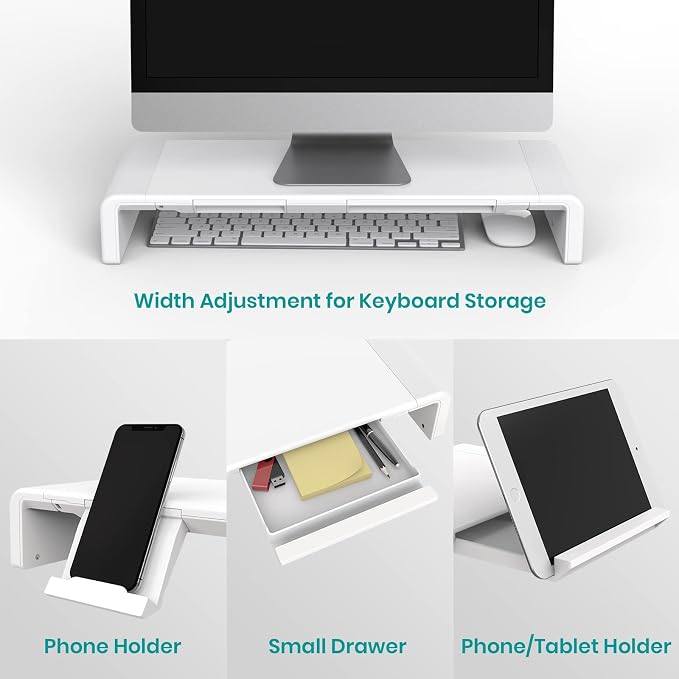 Monitor Stand Riser, Klearlook Foldable Computer Monitor Riser, Height Adjustable Computer Stand, Desk Shelf Riser with Storage Drawer & Tablet Phone Stand for Computer, Desktop, Laptop (White 2 Pack) - Image 6