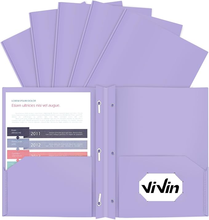 ViVin 12 Pack Heaty Duty Plastic Folders, 2 Pocket Poly File Plastics Folders with 3-Prong Fasteners, Pastel Color Plastic Folder for Letter Size Sheet, School Folder Kids Folder (Light Purple) by ViVin