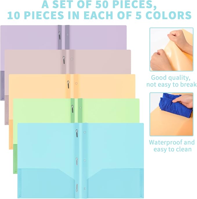 50 Pcs Cute Plastic Folders with Pockets and 3 Prongs, Pastel Colors, Durable File Folders with Fasteners and Pockets for Documents, Tear Resistant Office, School Supplies - Image 5