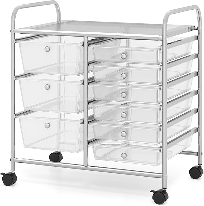COSTWAY Rolling Storage Cart with 9 Drawer, Utility Cart with Metal Frame | Mobile Art Supply Craft Organizer, Multipurpose Storage Organizer for Paper, Office, School Teacher, Classroom, Transparent by COSTWAY