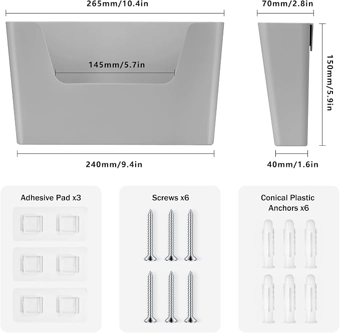 JOMOLA No Drilling File Holder 3 Pack Mail Organizer Wall Mount File Organizer Holder Office Wall Hanging Files Magazines Organizer Plastic Door Mount Wall Pocket with Adhesive Pad, Grey Color - Image 2