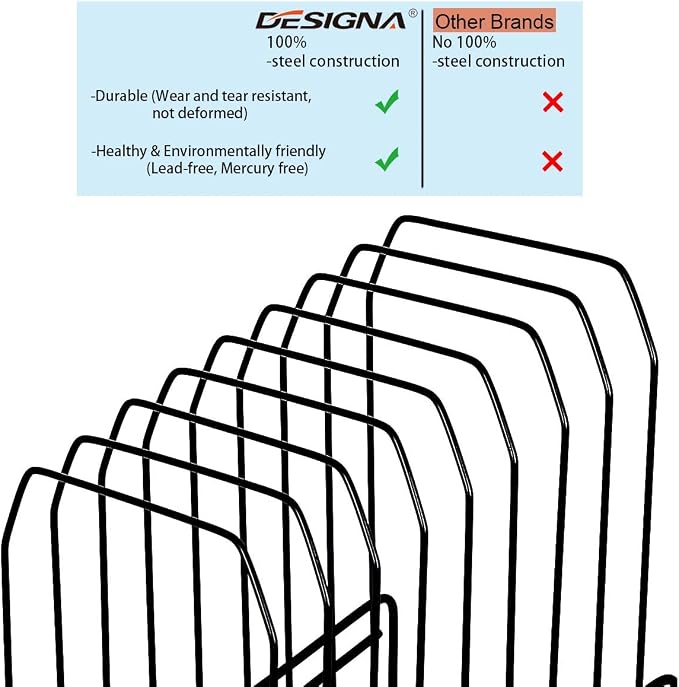 DESIGNA 4 Pack Metal Incline Sorter Vertical File Holder, Storage Organizer Folder Mail Magazine Letter Paper Book Filing Organization Display Rack Dividers,8 Compart,Black - Image 6