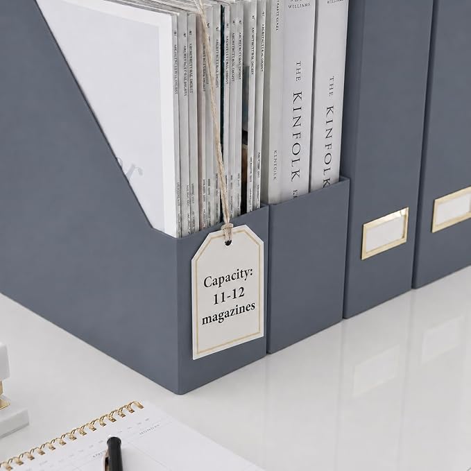 BLU MONACO | Set of 6 Foldable Grey Magazine File Holders with Gold Label Holders | Vertical File Organizer Boxes for Desk, Bookshelf & Home Office Storage - Image 5