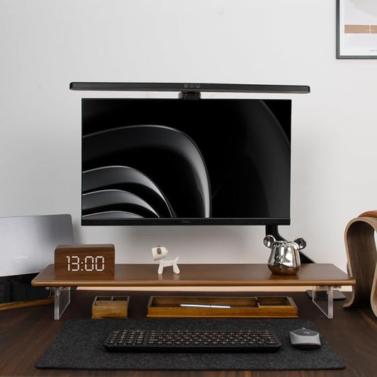 Bamboo Monitor Stand Riser, Brown Desk Shelf with Acrylic Legs | 31.5-Inch Wide, 3.3-Inch Clearance, Fits Monitor, Laptop, Printer and Speakers for Small Desks by Rocdeer
