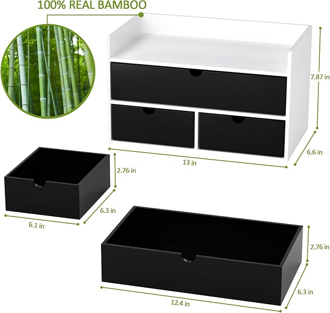 Bamboo Desk Organizer with Drawers, Desktop Storage for Office Supplies | 3 Drawers Desktop organizer, No Assembly Required, Natural Wood Wooden Desktop Drawers Box for Bills, Cosmetics, Seals, Paper - Image 3