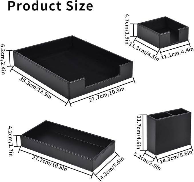 4 Pack Leather Office Supplies/Desk Organizer for Letter Paper Tray,Sticky Note Holder,Pen Cup,Stackable Small Letter Mail Sorter Tray,Workspace Decor for Women Men (Black, 4-piece set) - Image 6