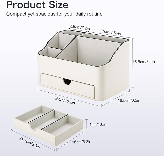 PU Leather Desk Organizer with Drawer, 5 Compartments Desktop Storage Caddy for Office Home Supplies, Pen Holder for Remote Control, Phone & Accessories, Mail Organizer Countertop Ivory White - Image 2