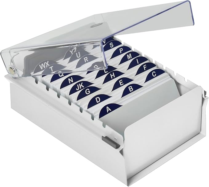 Acrimet 3 x 5 Card File Holder Organizer Box Metal Base Heavy Duty (AZ Index Cards and Divider Included) (White Color with Clear Crystal Plastic Lid Cover) | With A-Z Index & Non-Slip by Organizingyourlife
