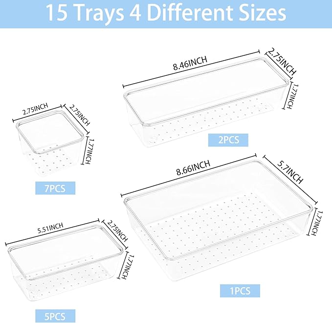 Manalete Drawer Organizers Set of 15, 4 Sizes Clear Plastic Drawer Organizers and Storage Bins for Kitchen, Bathroom, Office, Dresser Desk Drawer Organizer Tray for Jewelry, Makeup, Junk, Gadgets - Image 2