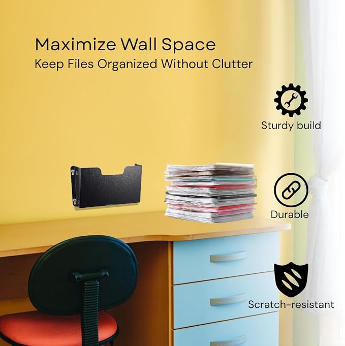 DR POCKET RACK Wall Mount File Holder, Single Pocket Letter Size, Black Metal Office Document Organizer - Image 6