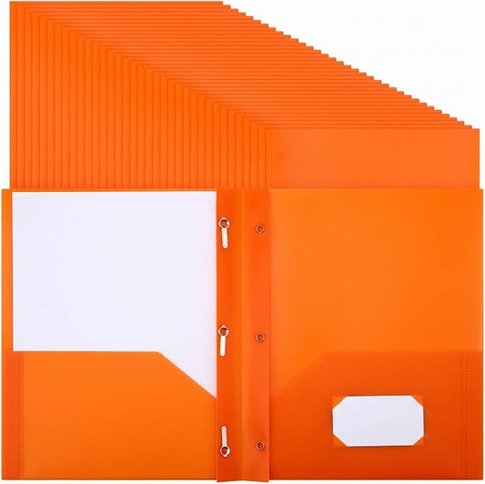 Cholemy 168 Packs Pocket Folders with Prongs Heavy Duty Plastic Folder with Business Card Slot 3 Prong Fasteners for School Office (Orange) by Cholemy