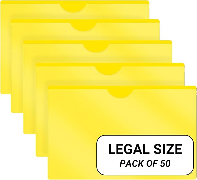 Doctor Stuff- 50 Pack, Vinyl Plastic Pocket File Folders Closed Sides, Legal Size, Clear Front Top Loading Job Jacket, Documents Holder for Office, High School and Medical Files, Yellow by DoctorStuff