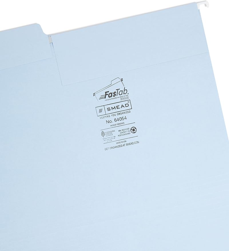 Smead FasTab Hanging File Folder, 1/3-Cut Built-in Tab, Letter Size, Assorted Pastel Colors & FasTab Hanging File Folder, 1/3-Cut Built-in Tab, Letter Size, Blue, 20 per Box (64099) - Image 4