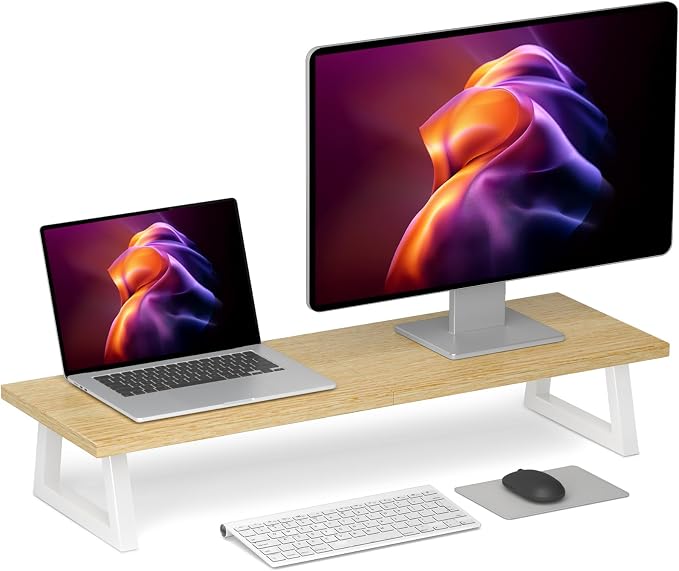 TEAMIX 31.5 inch Dual Monitor Stand Riser, Laptop/TV Stand, Desk Organizer | Long Stand Riser for 2 Monitors, Wood & Steel Computer Stand, Holds 150lbs, Keyboard & PS5 Storage, For Home Office & Gaming by TEAMIX