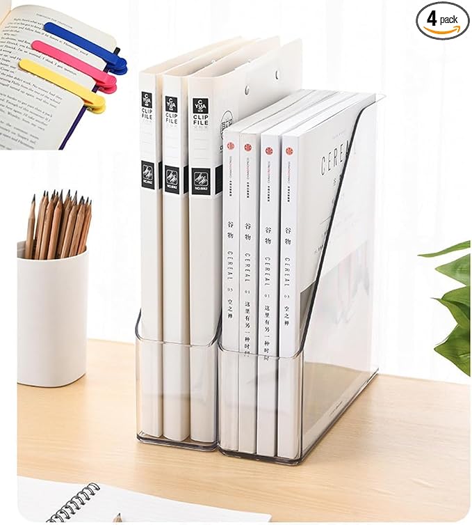 4-Pack Acrylic Vertical Magazine Holder & Book Organizer Clear Desktop File Storage Rack for Office/Home, Includes 3 Silicone Bookmarks (Space-Saving Design) by Unknown