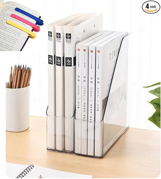 4-Pack Acrylic Vertical Magazine Holder & Book Organizer Clear Desktop File Storage Rack for Office/Home, Includes 3 Silicone Bookmarks (Space-Saving Design) by Unknown