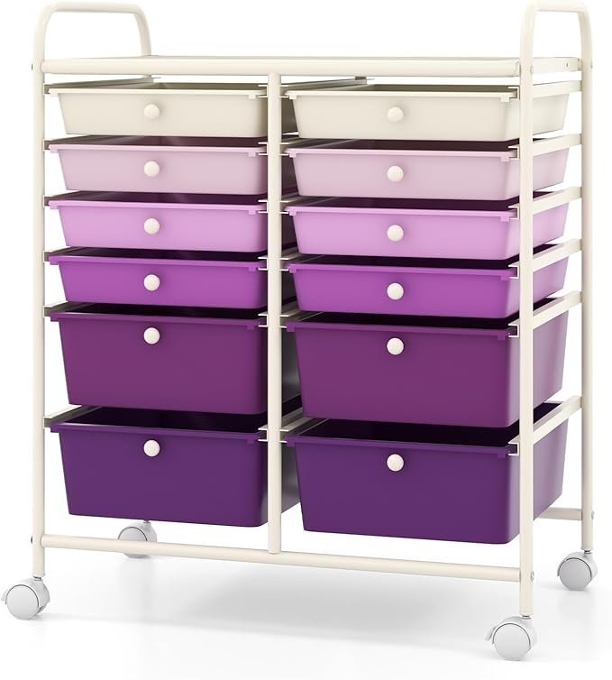 COSTWAY 12-Drawer Rolling Storage Cart, Moveable Art Craft Organizer | Lockable Wheels, Metal Shelf, Files Arrangement Tools Makeup Storage Cart for Office, Home, School (Purple Gradient) by COSTWAY