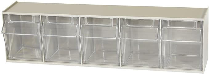 Akro-Mils TiltView Plastic Storage Cabinet with 5 Tilt Out Bins, Horizontal Plastic Parts Organizer, Teacher Toolbox, and Office Supply Organizer, 23-5/8" W x 6-1/2" H x 5-5/8" D, Stone by Akro-Mils
