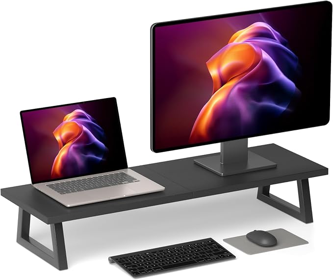 TEAMIX 31.5 inch Dual Monitor Stand Riser, TV Riser, Black Desk Organizer | For 2 Monitors/Laptop/Printer, Long Computer Stand, Wood & Steel, Holds 150 lbs, PS5/Keyboard Storage, For Home Office Gaming by TEAMIX