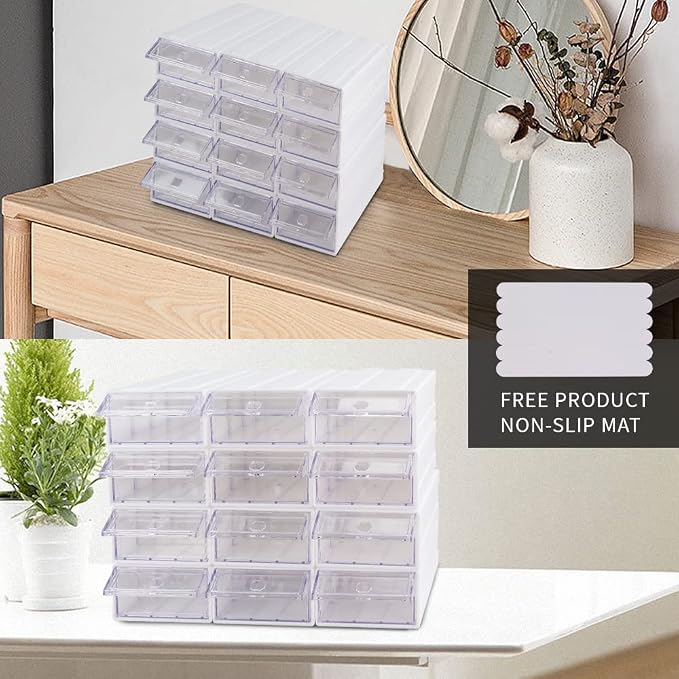 12 Pcs Drawer Stackable Storage Cabinet, White Plastic Organizer with Drawers & 36 Pcs Clear Dividers Organizer Rack & 48 Pcs Tag Card & 24 Pcs Non-slip Stickers for Home Office School - Image 5