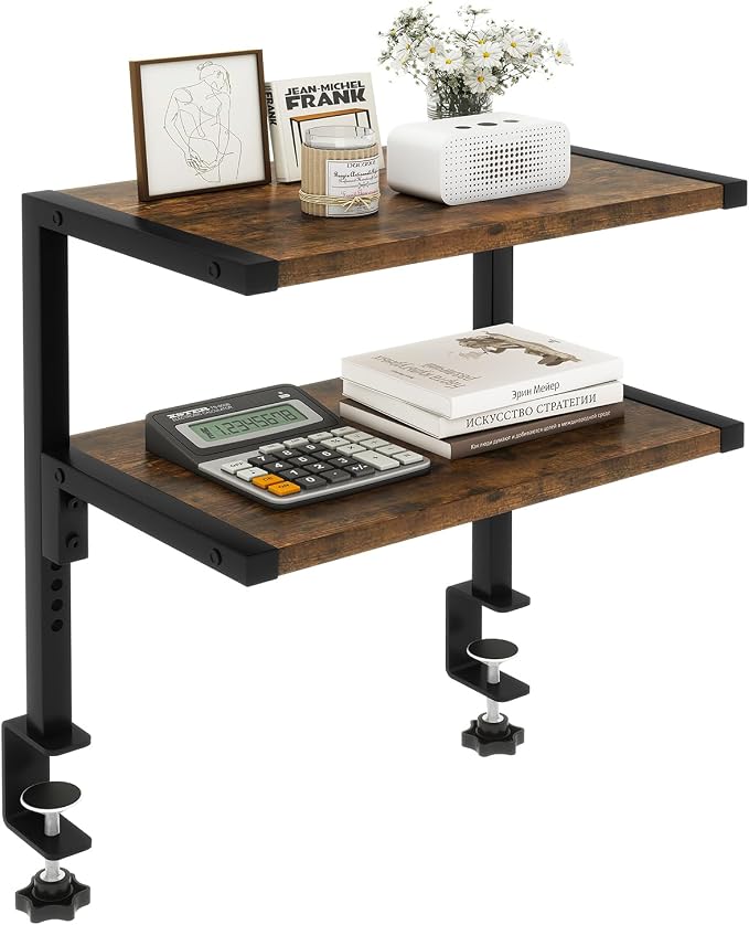 IBUYKE Clamp on Desk Organizer Shelf,Desk Extender Shelves TMZ007H | 12.9 inches,2-Tier Adjustable Storage Shelves, Above or Below Desk, for Desktop Accessories,Brown by IBUYKE