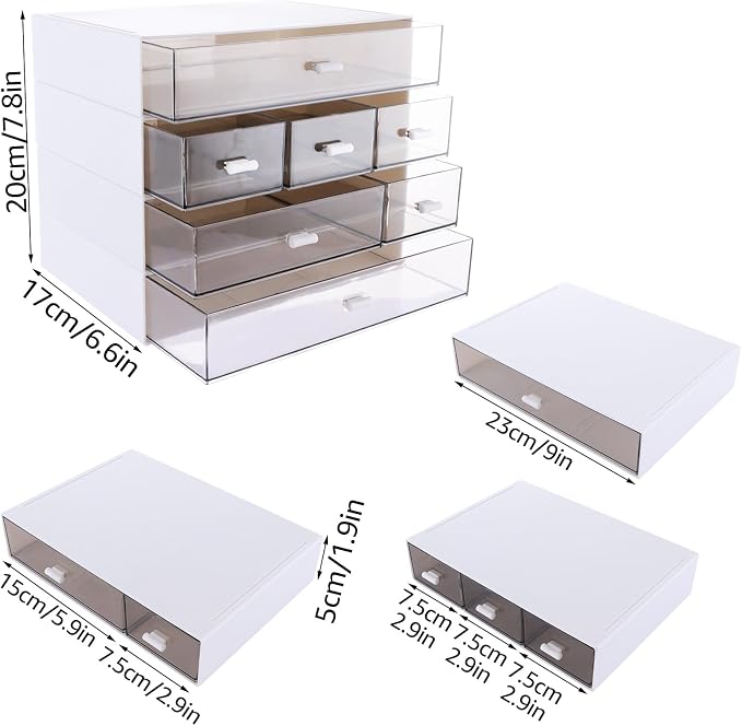 ASelected Desktop Organiser 7 Drawers Stackable Desk Storage Box, Small Plastic Storage Unit With Drawers Plastic Drawers Storage Unit For Home Collection, Makeup, Office Supplies White - Image 3