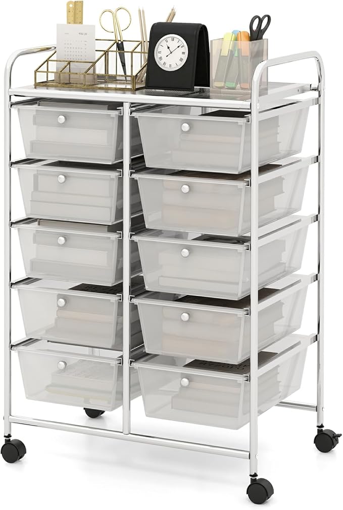 Moccha 10-Drawer Rolling Storage Cart - Under Desk Storage Drawers with wheels for Craft Art Supply Paper Salon, Scrapbook Paper Tools, Mobile Utility Cart for Classroom, Clear by LDAILY