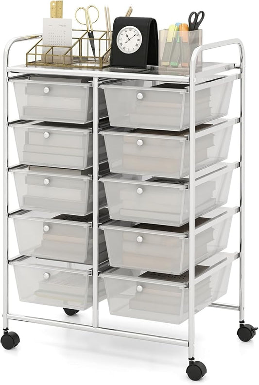 Moccha 10-Drawer Rolling Storage Cart - Under Desk Storage Drawers with wheels for Craft Art Supply Paper Salon, Scrapbook Paper Tools, Mobile Utility Cart for Classroom, Clear by LDAILY