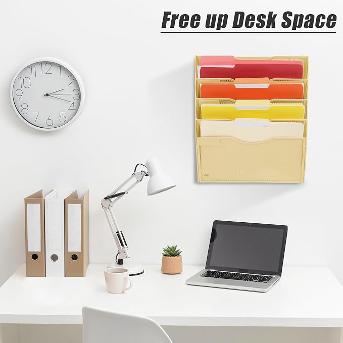5 Pocket Mesh Hanging Wall File Organizer, Wall Mounted Mail Paper Document Folder Holder, Clipboard Storage Organization Magazine Rack with Nametag Label for Office Home School, Gold - Image 4